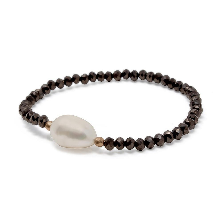 Black Glass Bead Stretch Bracelet W Pearl Station - Mimmic Fashion Jewelry