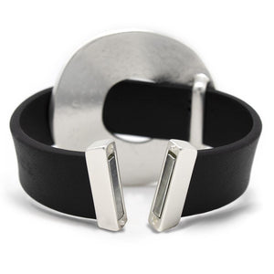 Black Leather Bracelet with Hammered Metal Disc Silver Tone - Mimmic Fashion Jewelry