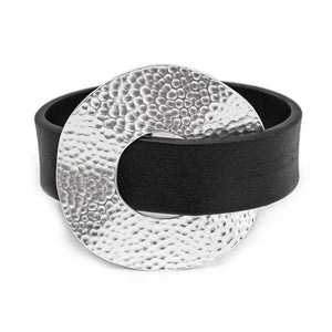 Black Leather Bracelet with Hammered Metal Disc Silver Tone - Mimmic Fashion Jewelry