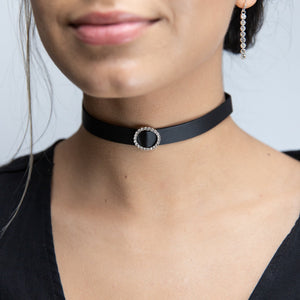 Black Leather Choker With Round CZ - Mimmic Fashion Jewelry