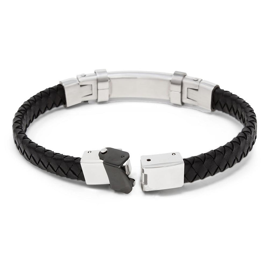 Black Leather Gold Stainless St Cable Station Bracelet - Mimmic Fashion Jewelry