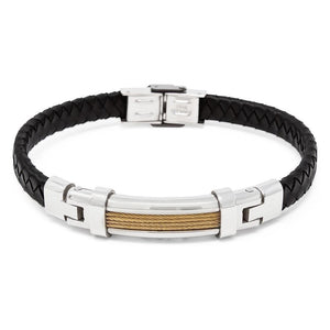 Black Leather Gold Stainless St Cable Station Bracelet - Mimmic Fashion Jewelry