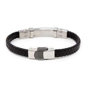 Black Leather Hem Stainless Steel Cable Station Bracelet - Mimmic Fashion Jewelry