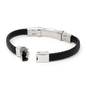 Black Leather Hem Stainless Steel Cable Station Bracelet - Mimmic Fashion Jewelry