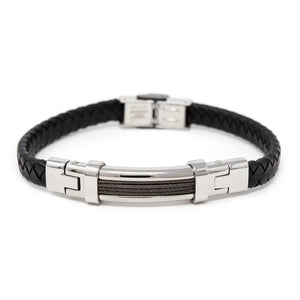 Black Leather Hem Stainless Steel Cable Station Bracelet - Mimmic Fashion Jewelry