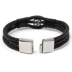 Black Leather Stainless Steel Black CZ Bead Bracelet - Mimmic Fashion Jewelry