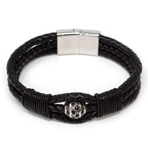 Black Leather Stainless Steel Black CZ Bead Bracelet - Mimmic Fashion Jewelry