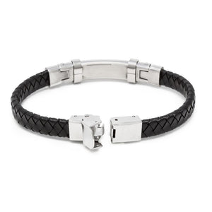 Black Leather Stainless St Cable Station Bracelet - Mimmic Fashion Jewelry