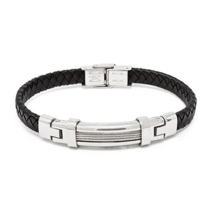Black Leather Stainless St Cable Station Bracelet - Mimmic Fashion Jewelry