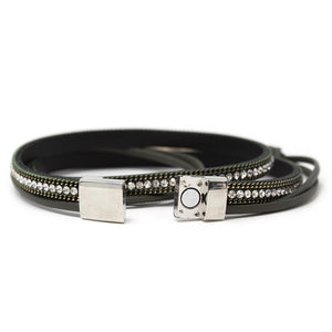 Black Leather Wrap Bracelet with Six Pearls Station - Mimmic Fashion Jewelry