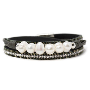 Black Leather Wrap Bracelet with Six Pearls Station - Mimmic Fashion Jewelry