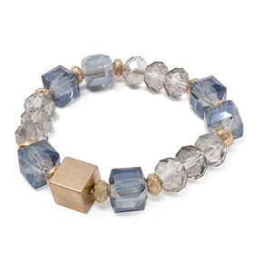Blue Glass Beaded Stretch Bracelet W GoldT Cube - Mimmic Fashion Jewelry