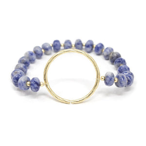 Blue Semi Precious Beaded Bracelet W Brushed Ring Gold T - Mimmic Fashion Jewelry