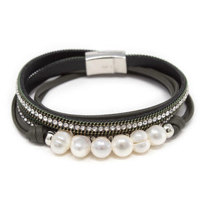 Bracelet Multi Strand Leather Bead Four Pearl Black - Mimmic Fashion Jewelry