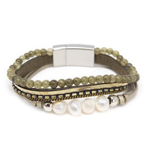 Bracelet Multi Strand Leather Bead Four Pearl Green - Mimmic Fashion Jewelry