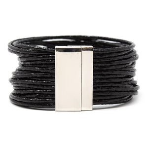 Bracelet Multi Strand Leather Cord Metallic Black - Mimmic Fashion Jewelry