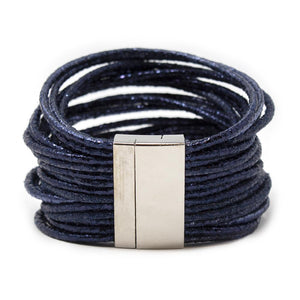Bracelet Multi Strand Leather Cord Metallic Navy - Mimmic Fashion Jewelry