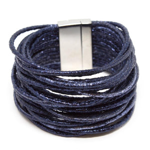 Bracelet Multi Strand Leather Cord Metallic Navy - Mimmic Fashion Jewelry
