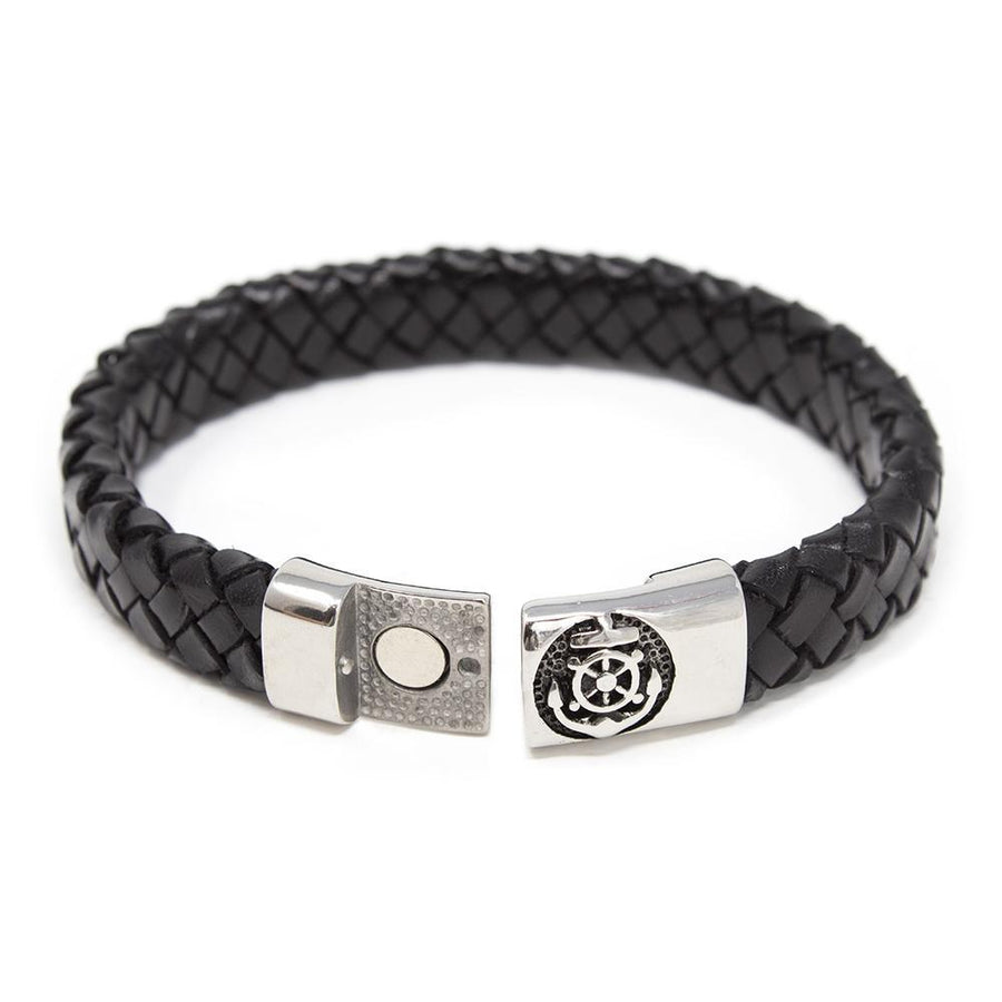 Braided Leather Bracelet with Anchor Clasp Black Large - Mimmic Fashion Jewelry