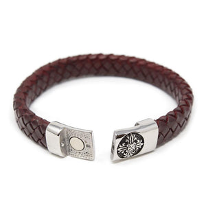 Braided Leather Bracelet with Flower Clasp Burgundy Large - Mimmic Fashion Jewelry