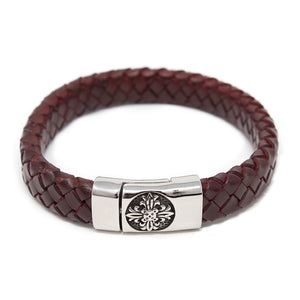 Braided Leather Bracelet with Flower Clasp Burgundy Large - Mimmic Fashion Jewelry