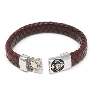 Braided Leather Bracelet with Flower Clasp Burgundy Medium - Mimmic Fashion Jewelry