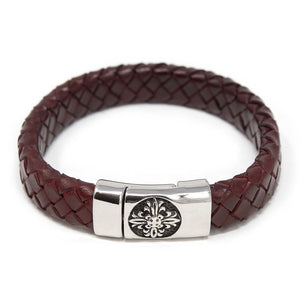 Braided Leather Bracelet with Flower Clasp Burgundy Medium - Mimmic Fashion Jewelry