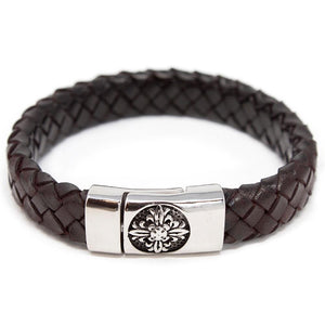 Braided Leather Bracelet with Flower Clasp Dark Brown Large - Mimmic Fashion Jewelry