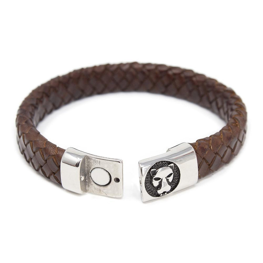 Braided Leather Bracelet with Lion Clasp Brown Large - Mimmic Fashion Jewelry