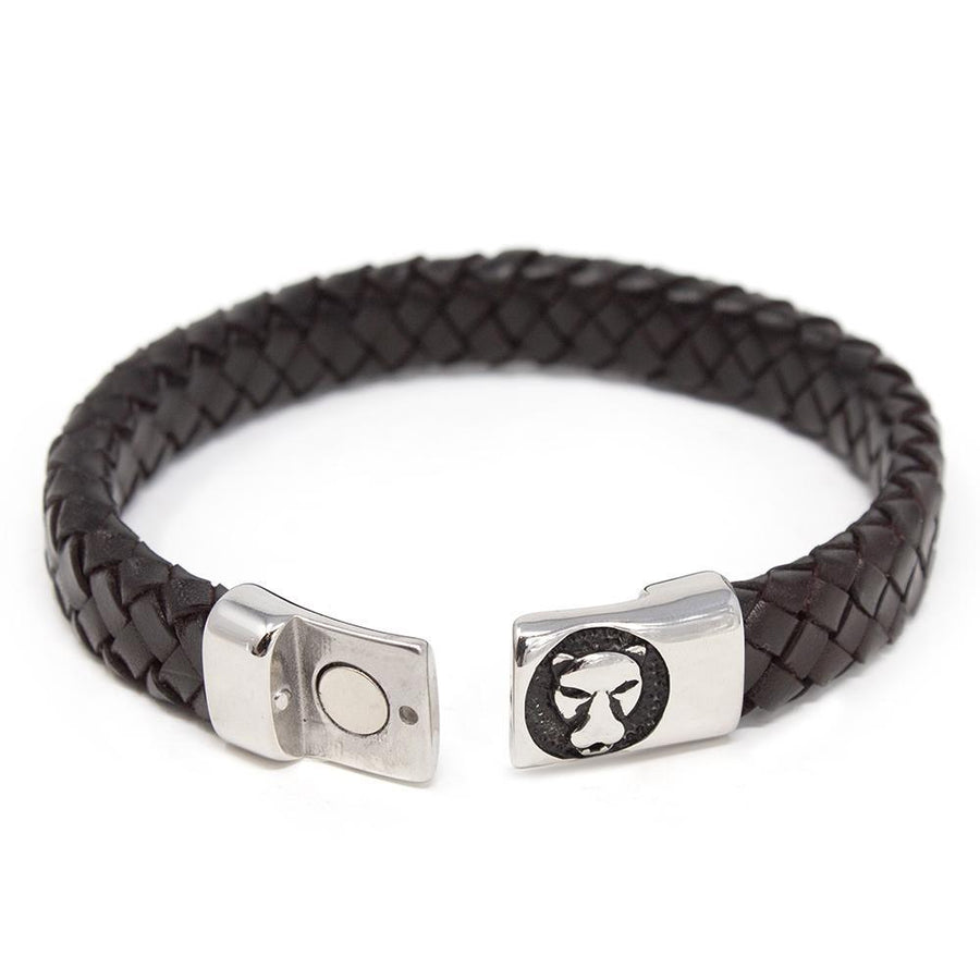 Braided Leather Bracelet with Lion Clasp Dark Brown Large - Mimmic Fashion Jewelry