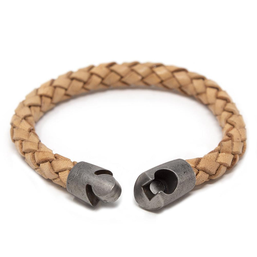 Braided Leather Bracelet with Puzzle Clasp Beige Medium - Mimmic Fashion Jewelry