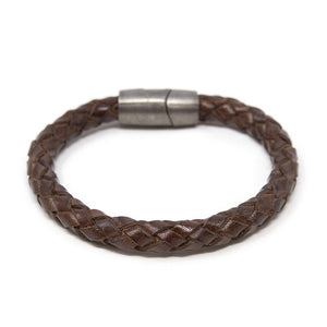 Braided Leather Bracelet with Puzzle Clasp Brown Medium - Mimmic Fashion Jewelry