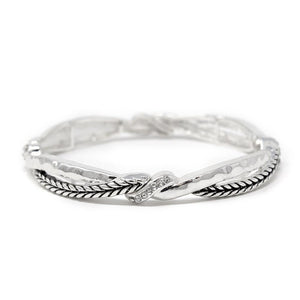 Braided and Hammered Stretch Bracelet With CZ Silver T - Mimmic Fashion Jewelry