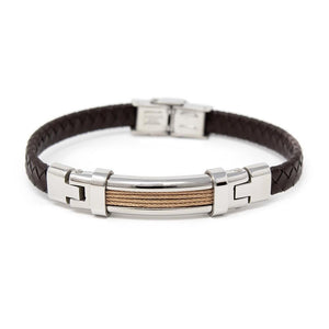 Brown Leather Rose Gold Stainless Steel Cable Station Bracelet - Mimmic Fashion Jewelry