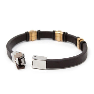 Brown Leather Rose Gold Stainless Steel Three Barrels Bracelet - Mimmic Fashion Jewelry