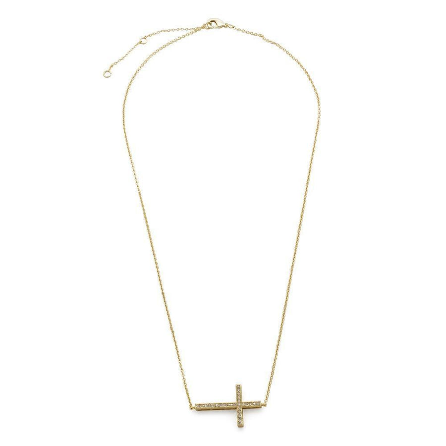 CZ Pave Horizontal Cross Necklace Gold Tone - Mimmic Fashion Jewelry