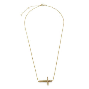 CZ Pave Horizontal Cross Necklace Gold Tone - Mimmic Fashion Jewelry