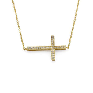 CZ Pave Horizontal Cross Necklace Gold Tone - Mimmic Fashion Jewelry