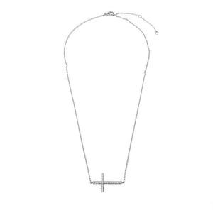 CZ Pave Horizontal Cross Necklace Rhodium Plated - Mimmic Fashion Jewelry
