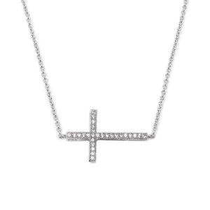 CZ Pave Horizontal Cross Necklace Rhodium Plated - Mimmic Fashion Jewelry