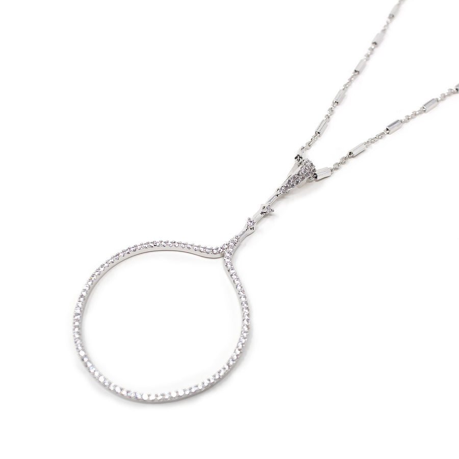 CZ Pave Open Circle Long Necklace Rhodium Pl - Mimmic Fashion Jewelry