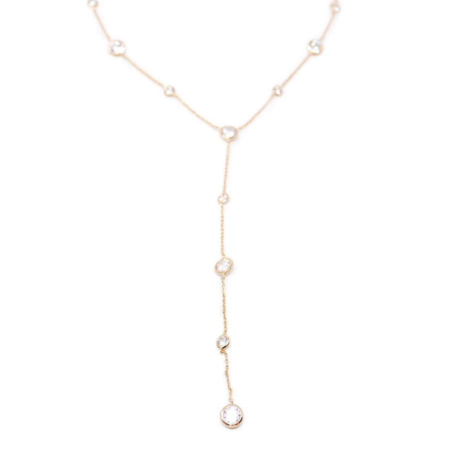 CZ Round Station Chain Drop Necklace Rose Gold Plated - Mimmic Fashion Jewelry