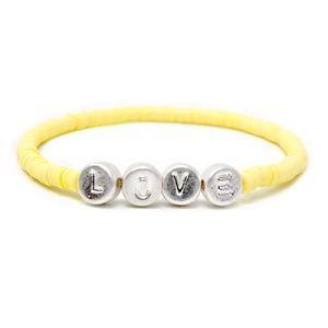 Celluloid Disc Beads LOVE Stretch Bracelet Yellow - Mimmic Fashion Jewelry