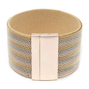 Chain Leather Wide Bracelet Three Tone - Mimmic Fashion Jewelry
