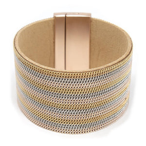 Chain Leather Wide Bracelet Three Tone - Mimmic Fashion Jewelry