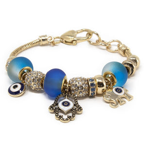 Charm Bracelet Gold Tone Blue - Hamsa Hand - Mimmic Fashion Jewelry