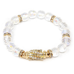 Clear Glass Bead Stretch Bracelet with Golden Pave Bar - Mimmic Fashion Jewelry