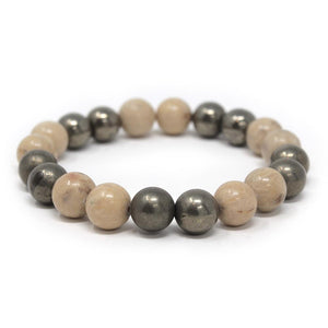 Coral Fossil and Pyrite Bead Men's Stretch Bracelet - Mimmic Fashion Jewelry