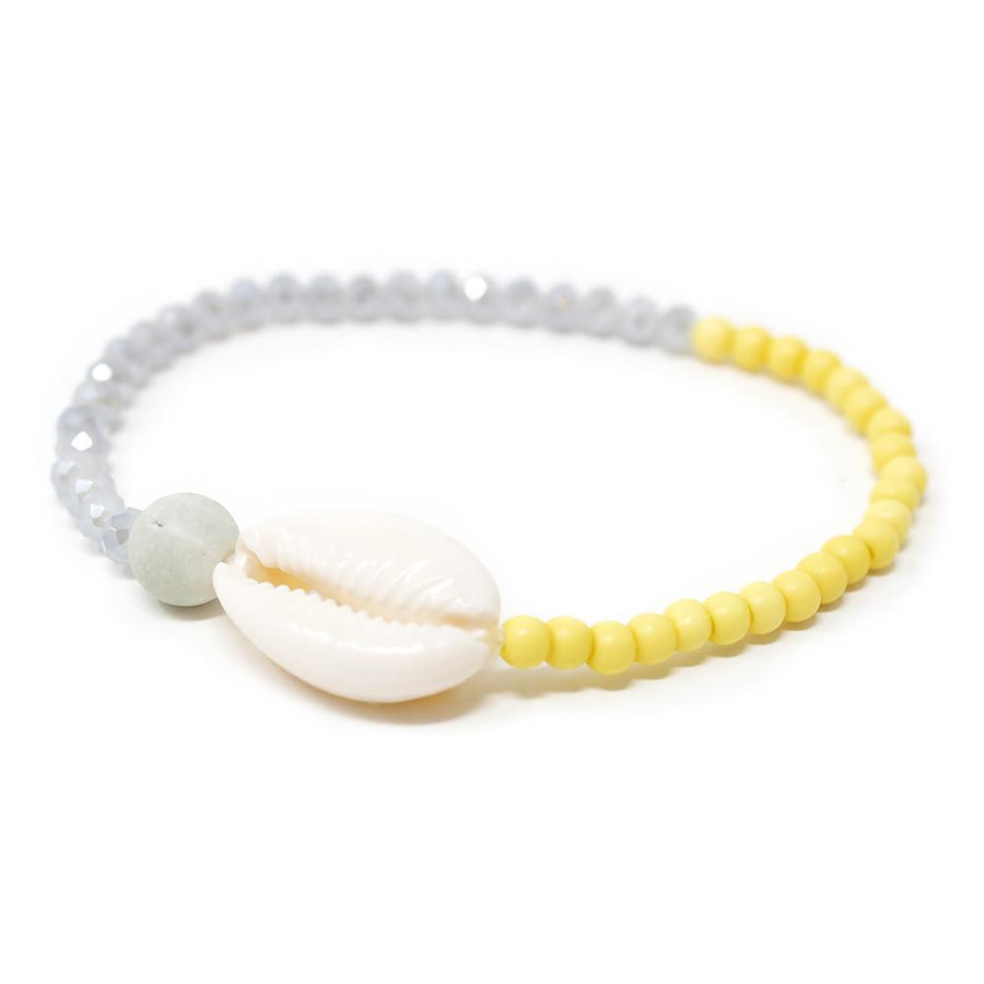 Cowrie Shell Glass Beaded Stretch Bracelet Gray and Yellow - Mimmic Fashion Jewelry