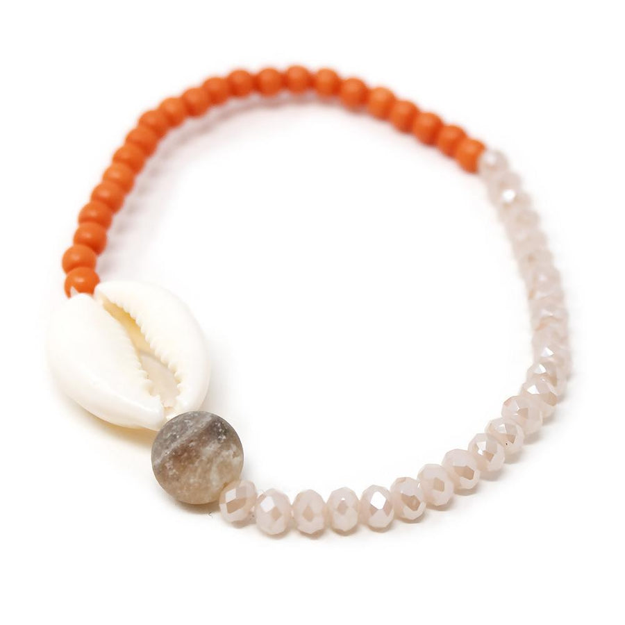 Cowrie Shell Glass Beaded Stretch Bracelet Peach and Coral - Mimmic Fashion Jewelry
